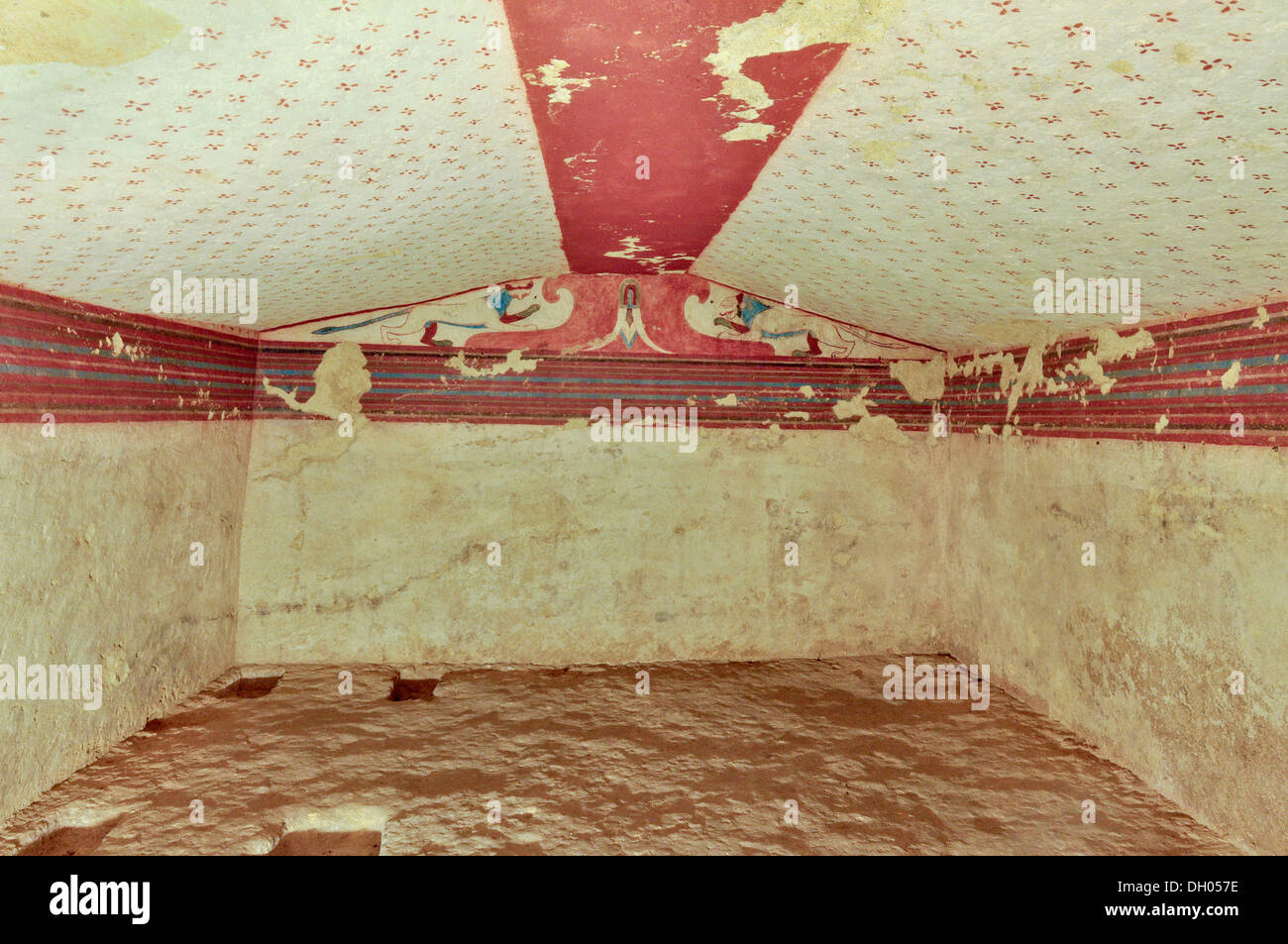 Frescoes, Tomba del Fiore di Loto, Tomb of the Lotus Flower, one of the Etruscan grave chambers of Monterozzi Necropolis Stock Photo