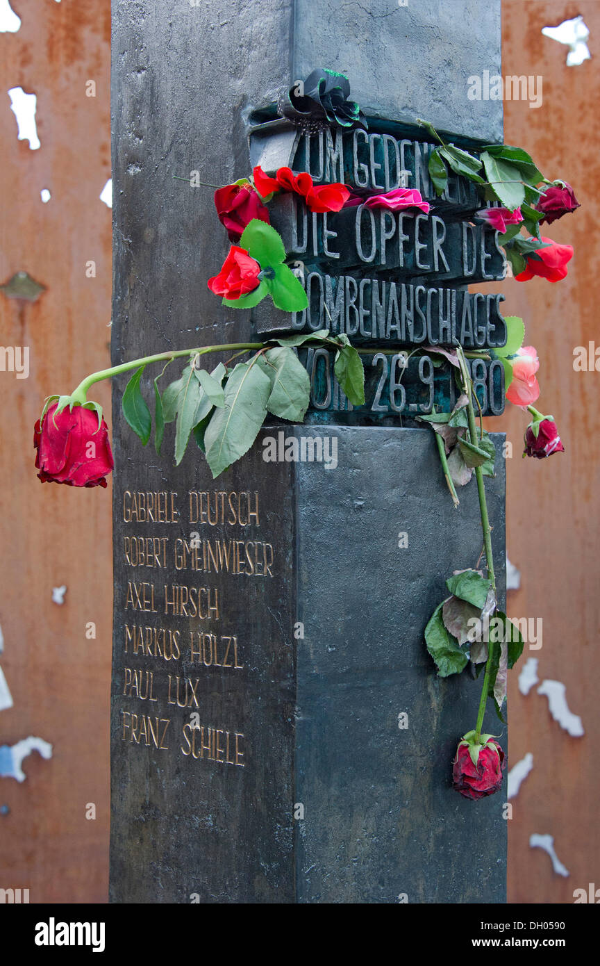 Memorial to the victims of the bomb attack of 26th September 1980 at the main entrance of the Wies'n, Oktoberfest, Munich Stock Photo