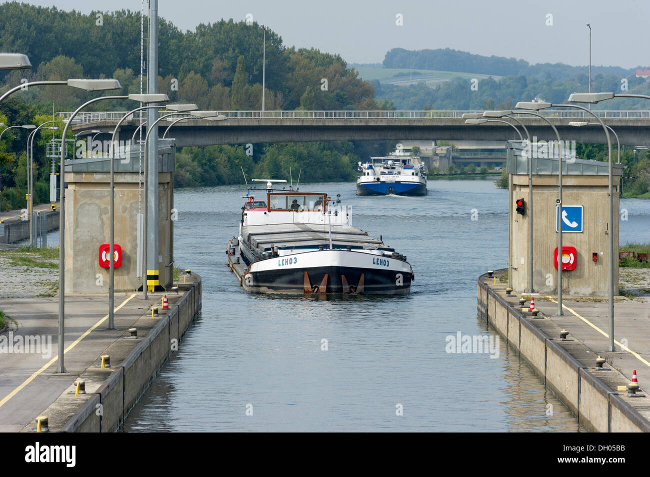 Cargo ship entering a lock, RhineMainDanube Canal, Regensburg Stock