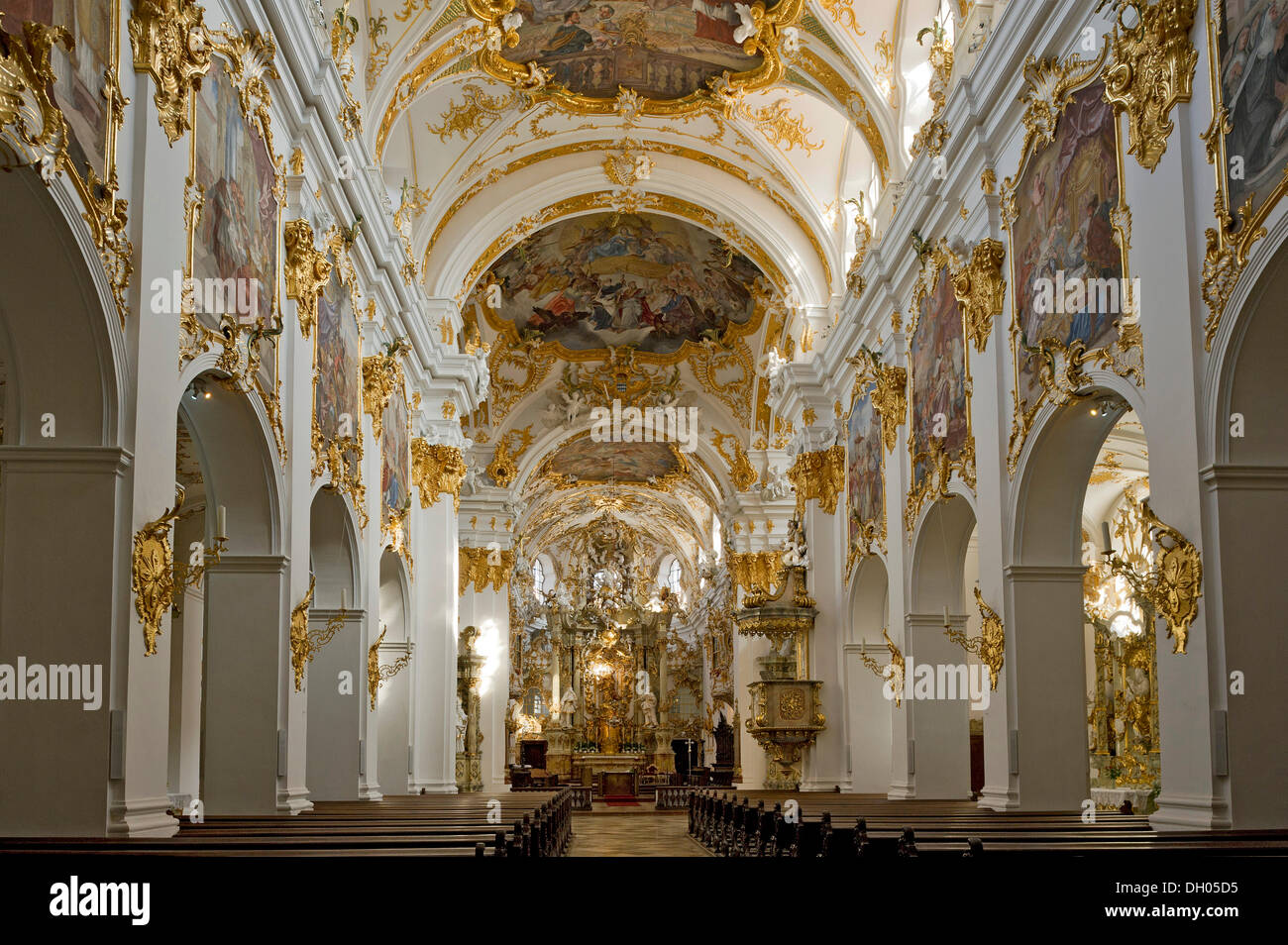 Rococo furnishings, nave of the Collegiate Church of Our Lady or Old Chapel, historic town centre of Regensburg Stock Photo
