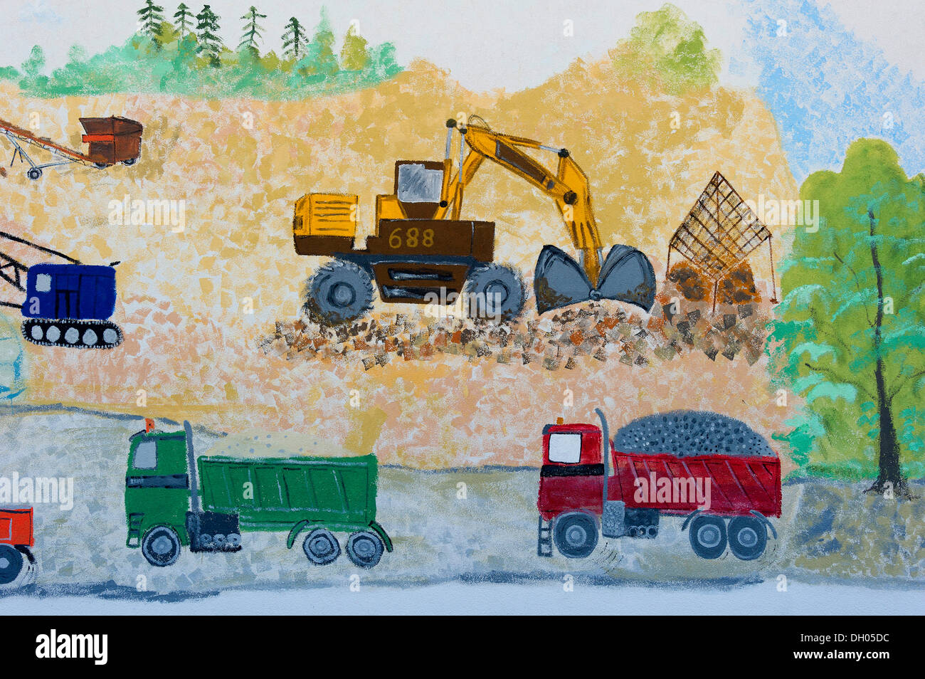 Naive wall painting, excavators and trucks in a landscape during earthworks, Bruckberg, Lower Bavaria, Bavaria, Germany Stock Photo