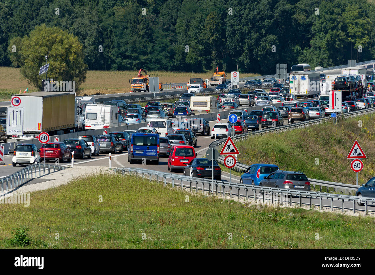 Traffic jam at a construction site at Autobahnkreuz Neufahrn interchange, Autobahnkreuz Neufahrn, Neufahrn, Lkr, Freising Stock Photo