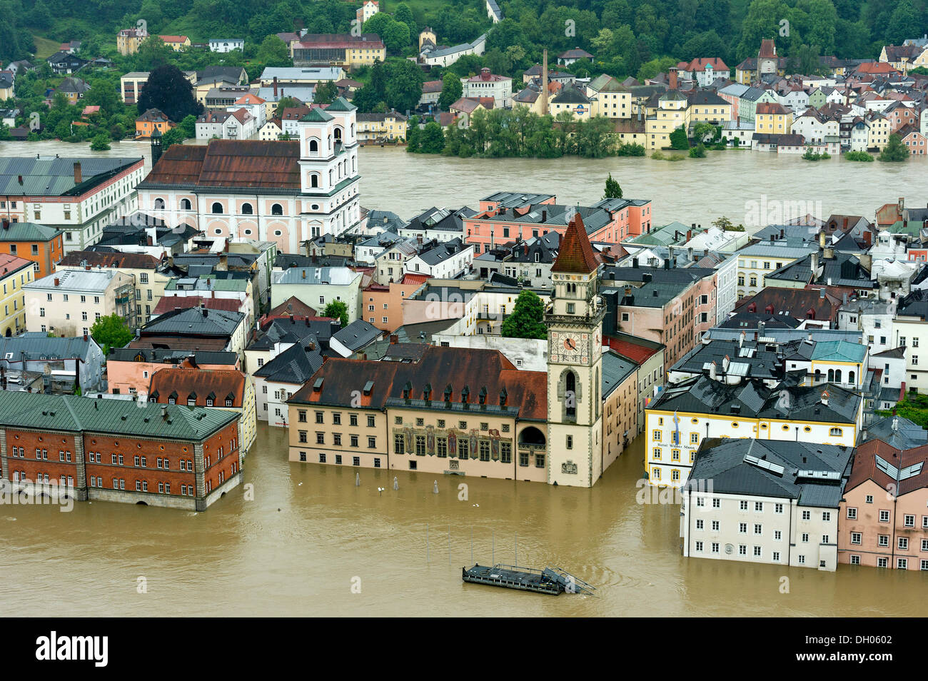 Historic town centre with St. Michael's Church and the Town Hall during the flood on 3rd June 2013, Passau, Lower Bavaria Stock Photo