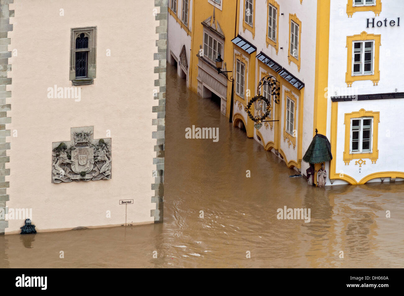 Town Hall with the flood water exceeding the historical flood level marker during the flood on 3rd June 2013, Passau Stock Photo