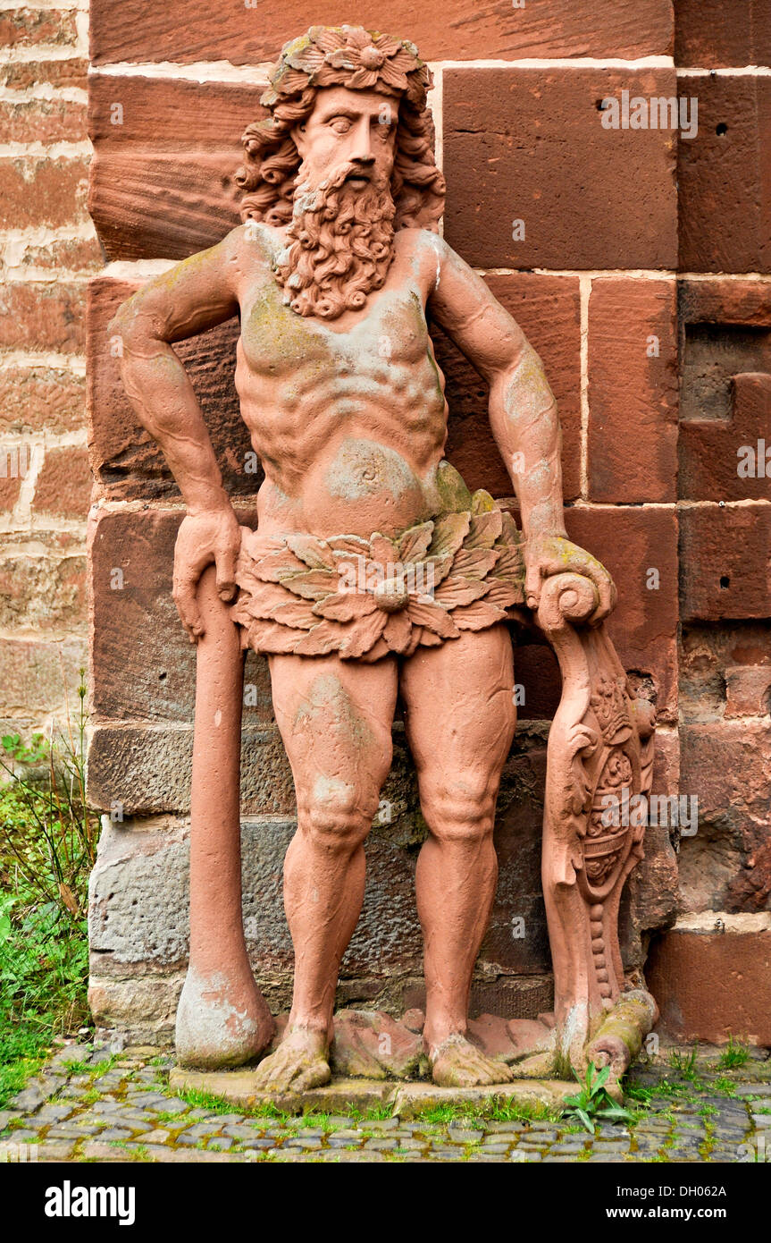 One of the sandstone figures "wild men", anno 1710 by Johann Henrich Spengler, guard holding a coat of arms on the inner Stock Photo