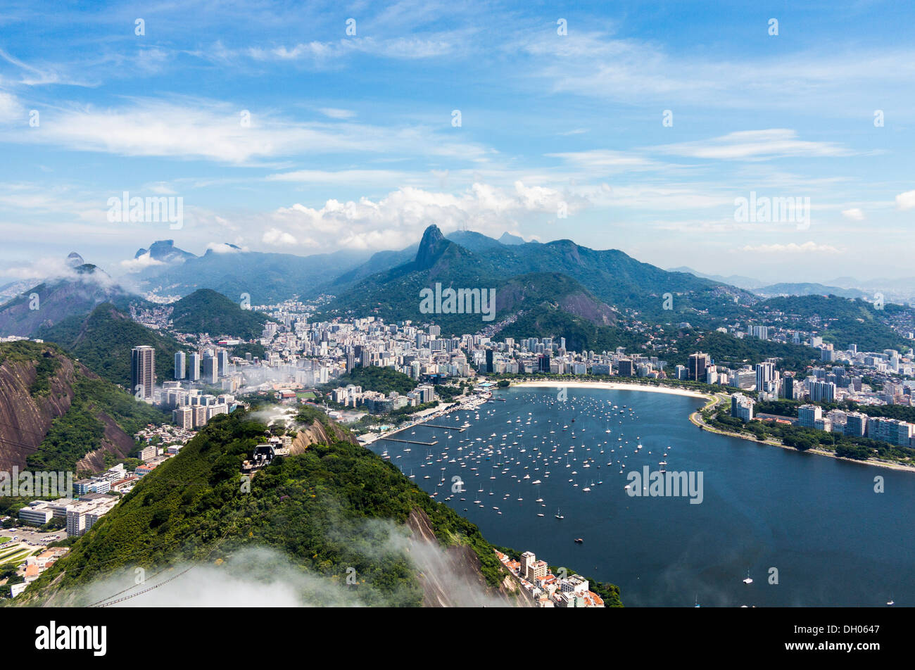 Aerial view of city and harbor of Rio de Janeiro in Brazil from cable car on Sugarloaf Mountain Stock Photo