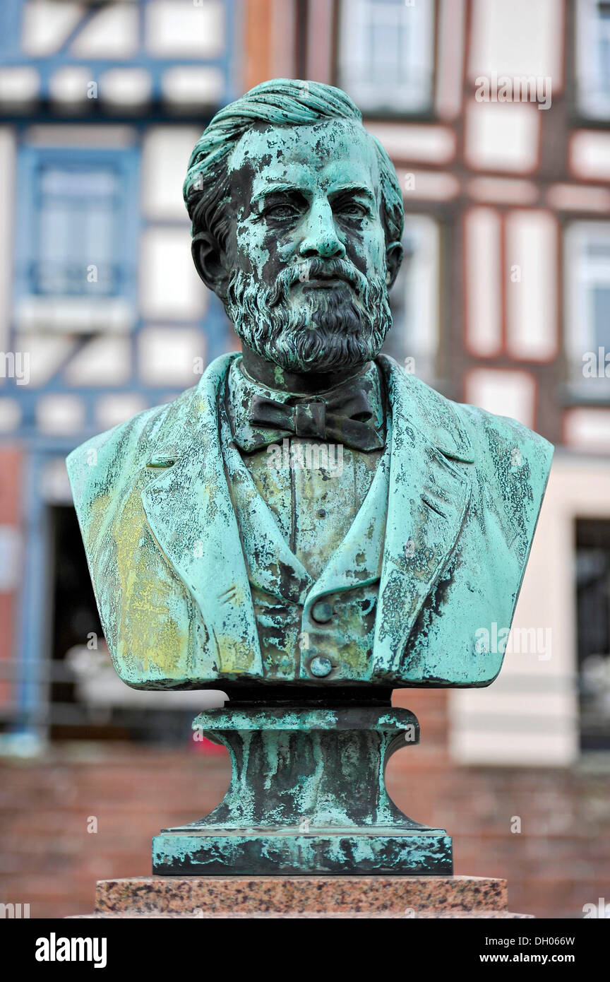 Bronze bust, monument to Johann Philipp Reis, inventor of the telephone, Gelnhausen, Hesse, Germany Stock Photo