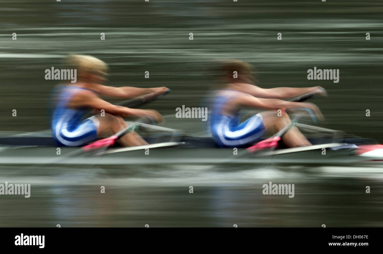Two rowers, double scull rowing boat, motion blur Stock Photo
