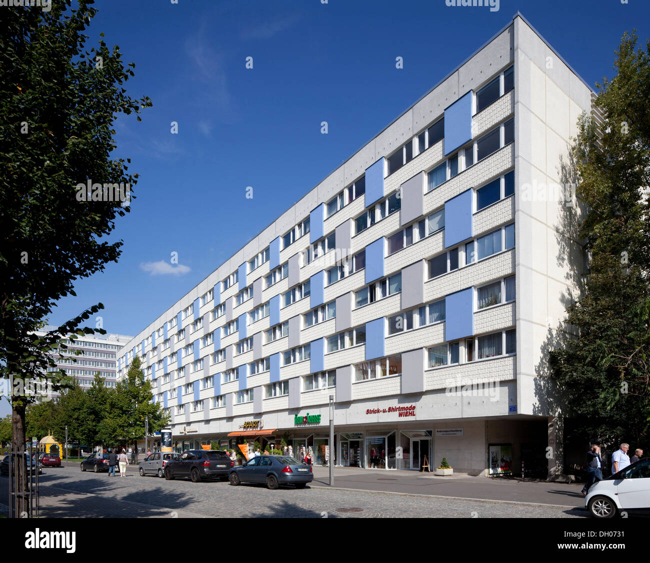 Residential building, a prefabricated house, industrialized apartment block, Reichsstrasse street, Leipzig, Saxony, PublicGround Stock Photo