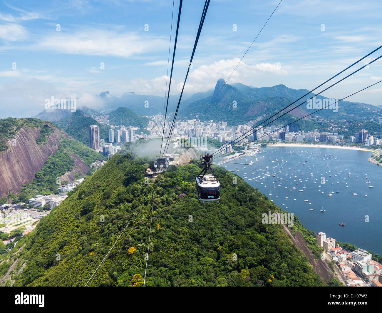 Aerial view of city and harbor of Rio de Janeiro in Brazil from cable car on Sugarloaf Mountain Stock Photo