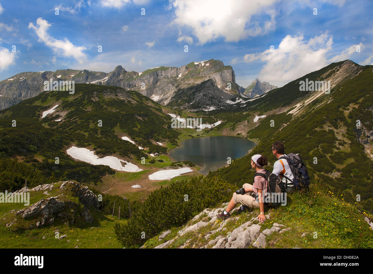 Hikers in the Rofan Mountains, Tyrol, Austria, Europe Stock Photo