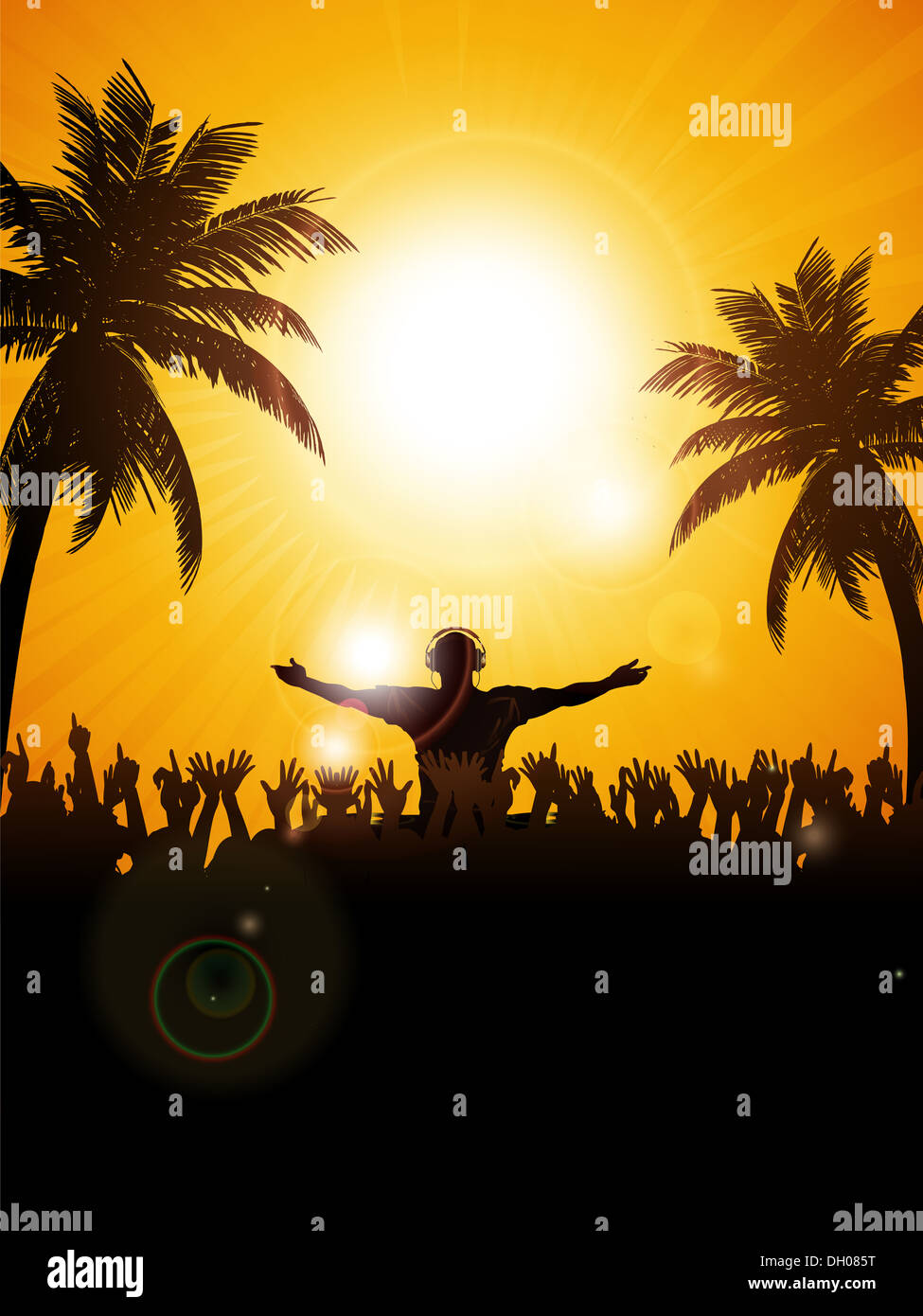 Summer Festival Background with DJ, Crowd and Palm trees Stock Photo