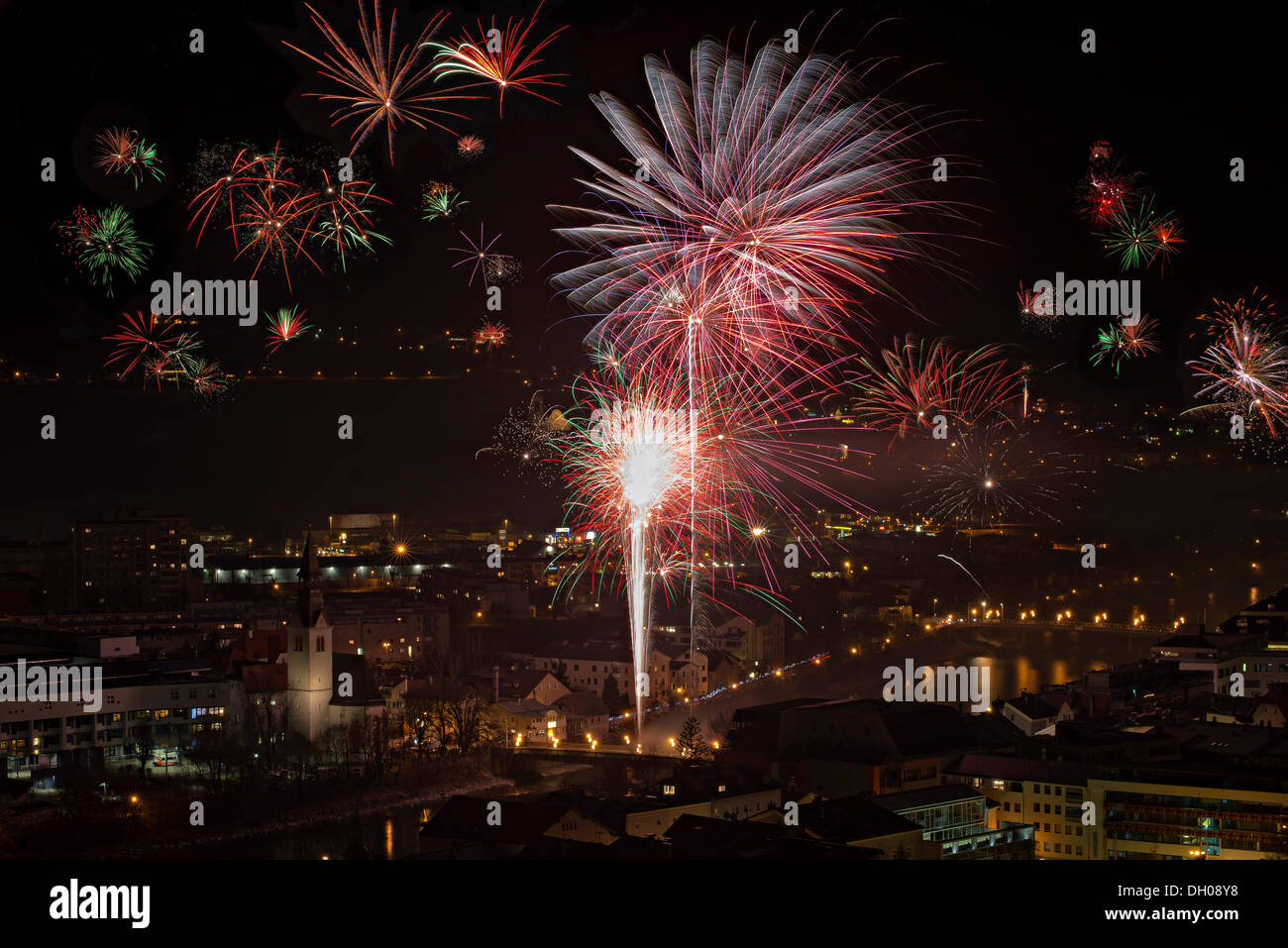 New Year fireworks 2013 above the town of Schwaz, Schwaz, Tyrol, Austria Stock Photo