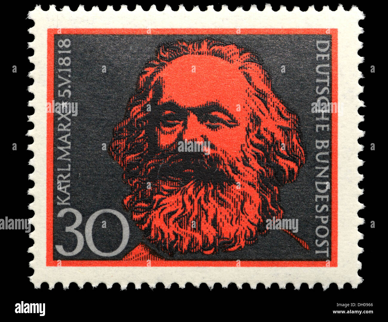 Portrait of Karl Marx (1818-83: German philosopher and revolutionary socialist) on German postage stamp. Stock Photo