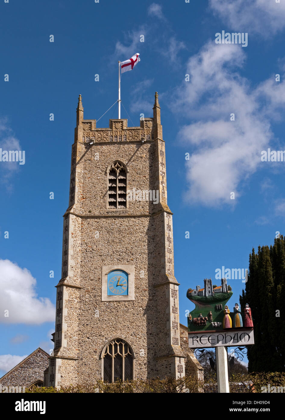 The Church of St Michael and Town Sign, Reepham, Norfolk, England Stock Photo