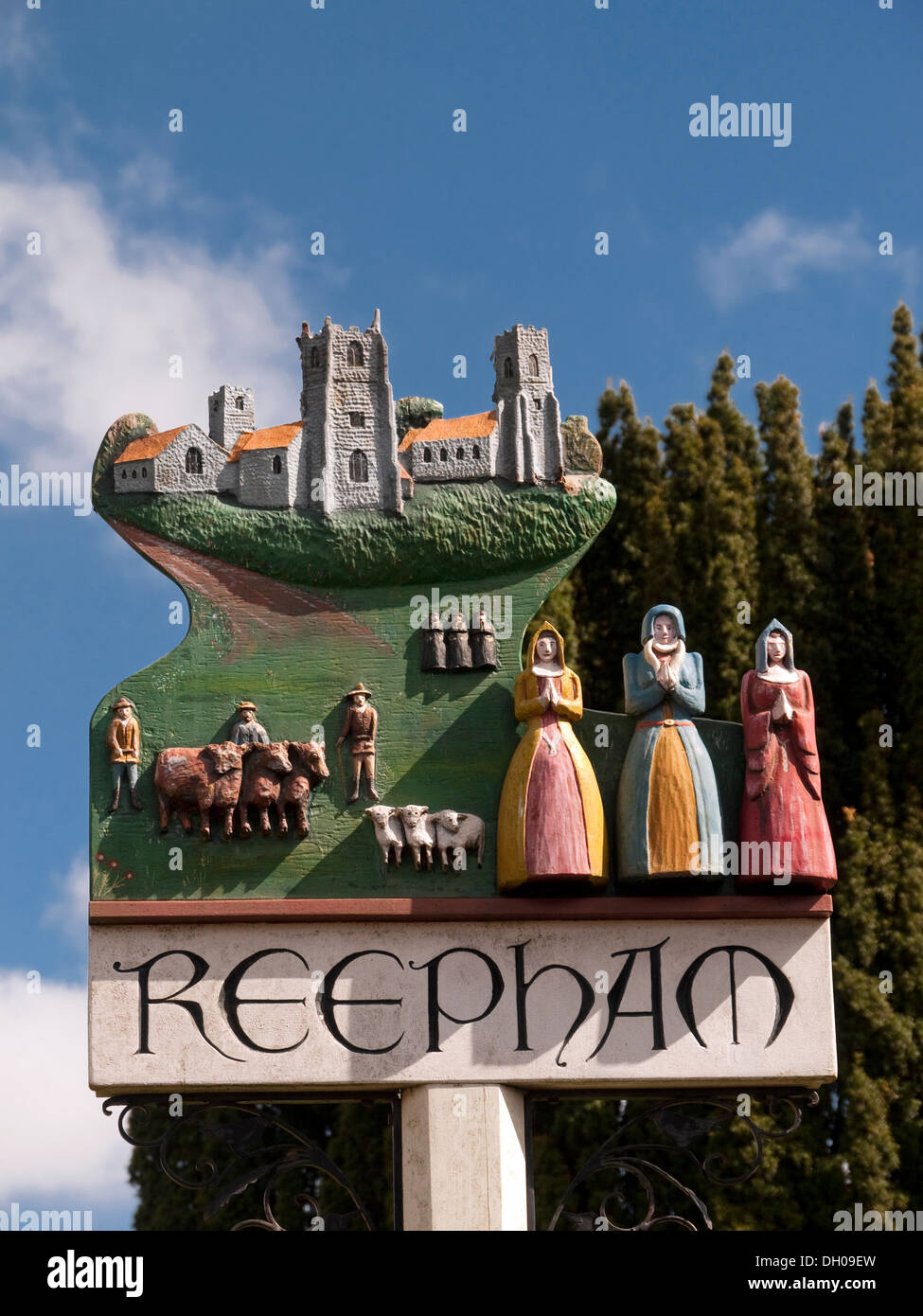 The Sign for the Ancient Market Town of Reepham in Norfolk, England Stock Photo