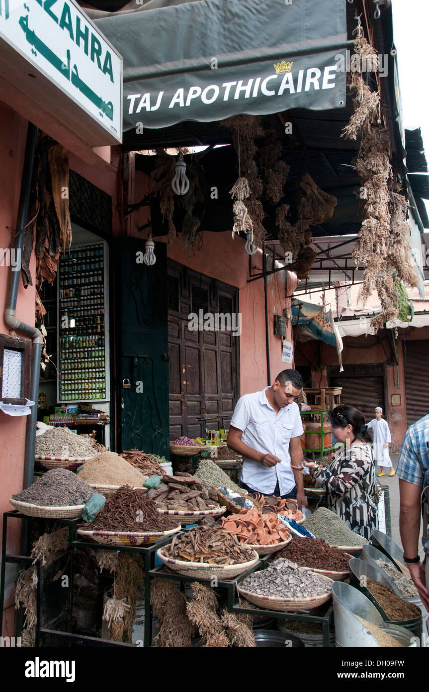 Marrakesh Morocco Medina Souk grocer grocery spice herbs season flavor savor Stock Photo