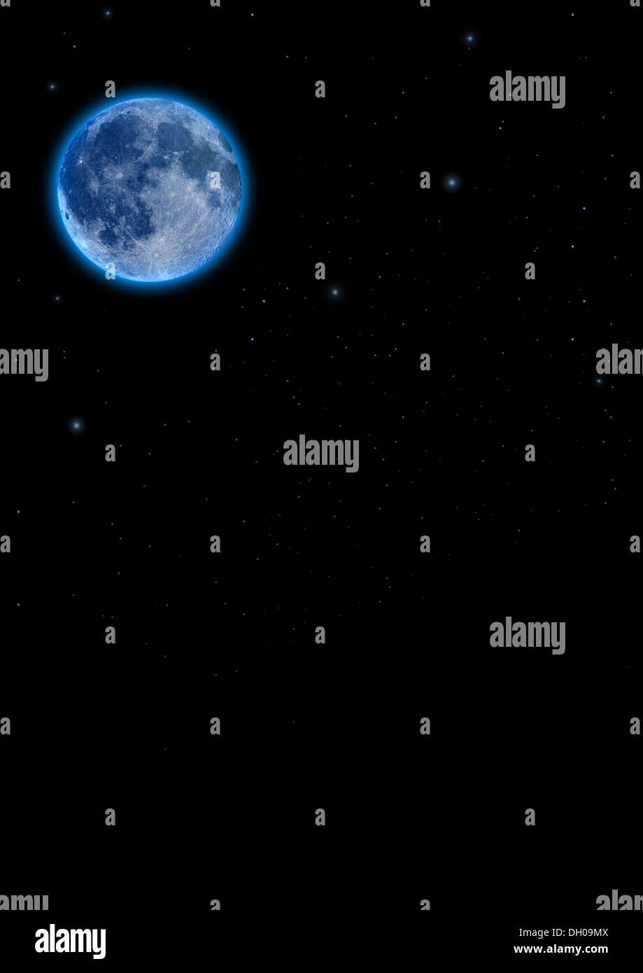 moon and stars in black night sky Stock Photo