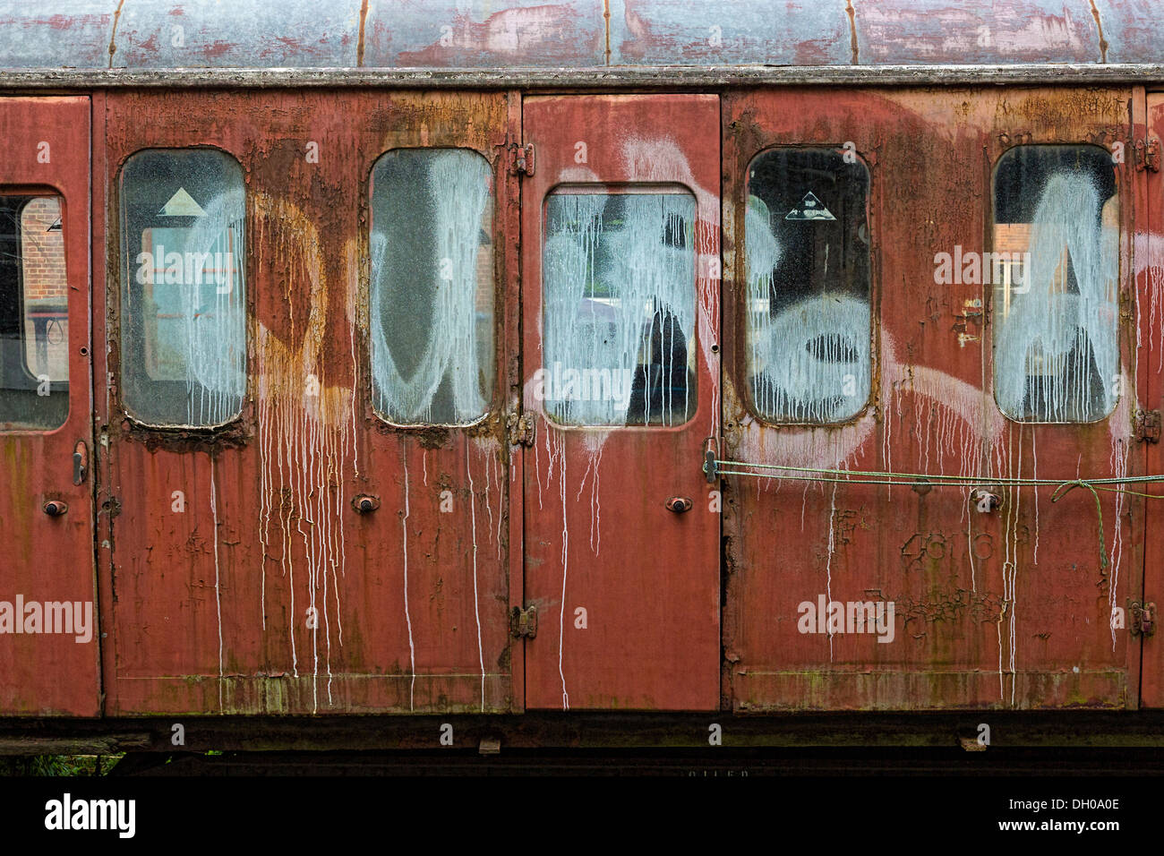 Disused railway carriage with graffiti. Stock Photo