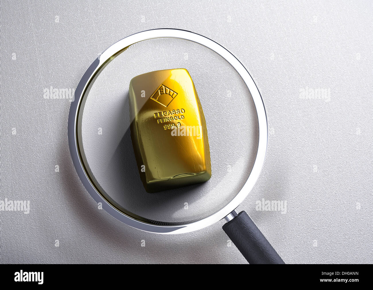 Gold bar under a magnifying glass, 3D rendering, illustration Stock