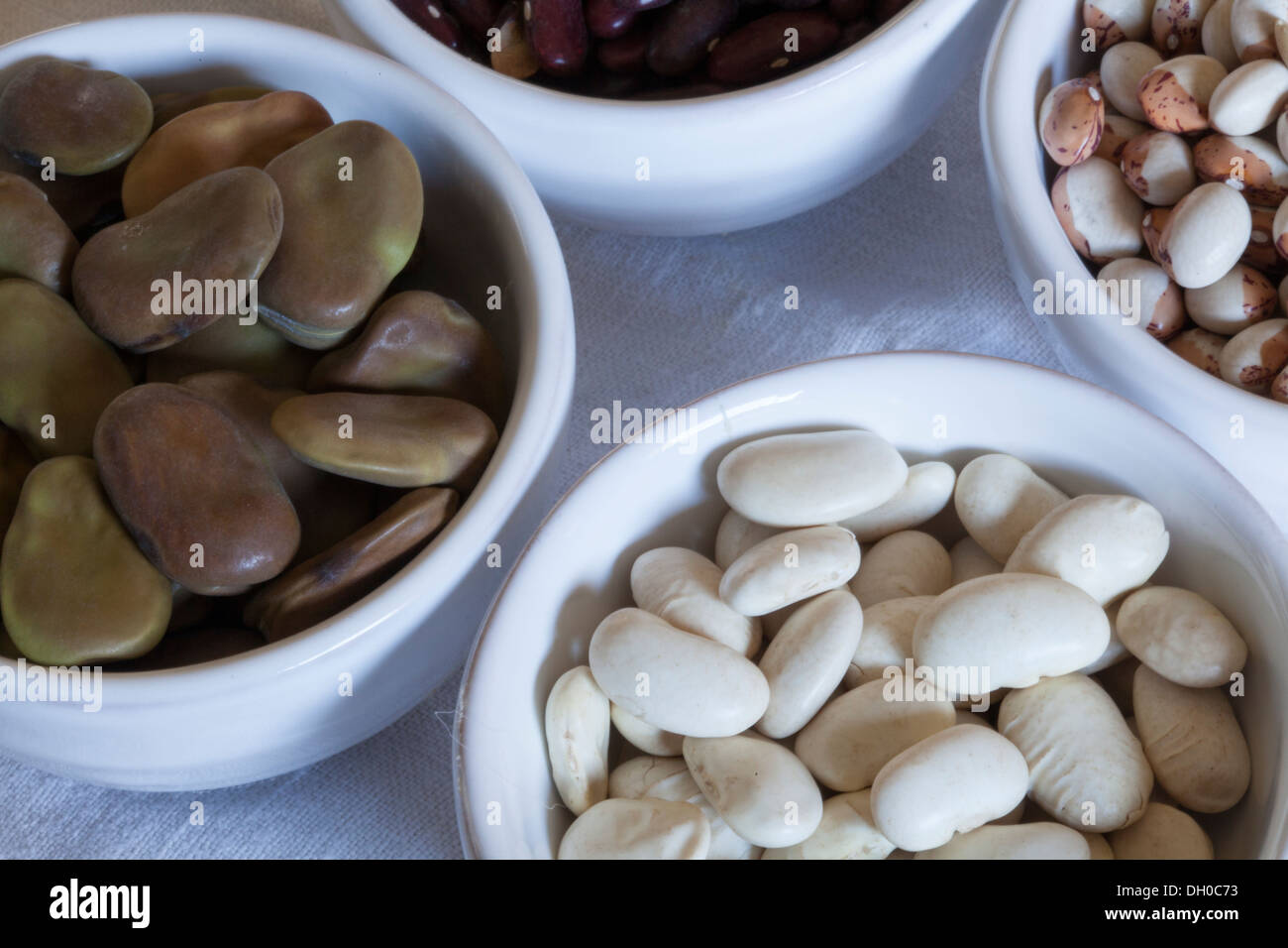 Dried sugar beans, butter beans, red kidney beans, fava beans in white bowls Stock Photo