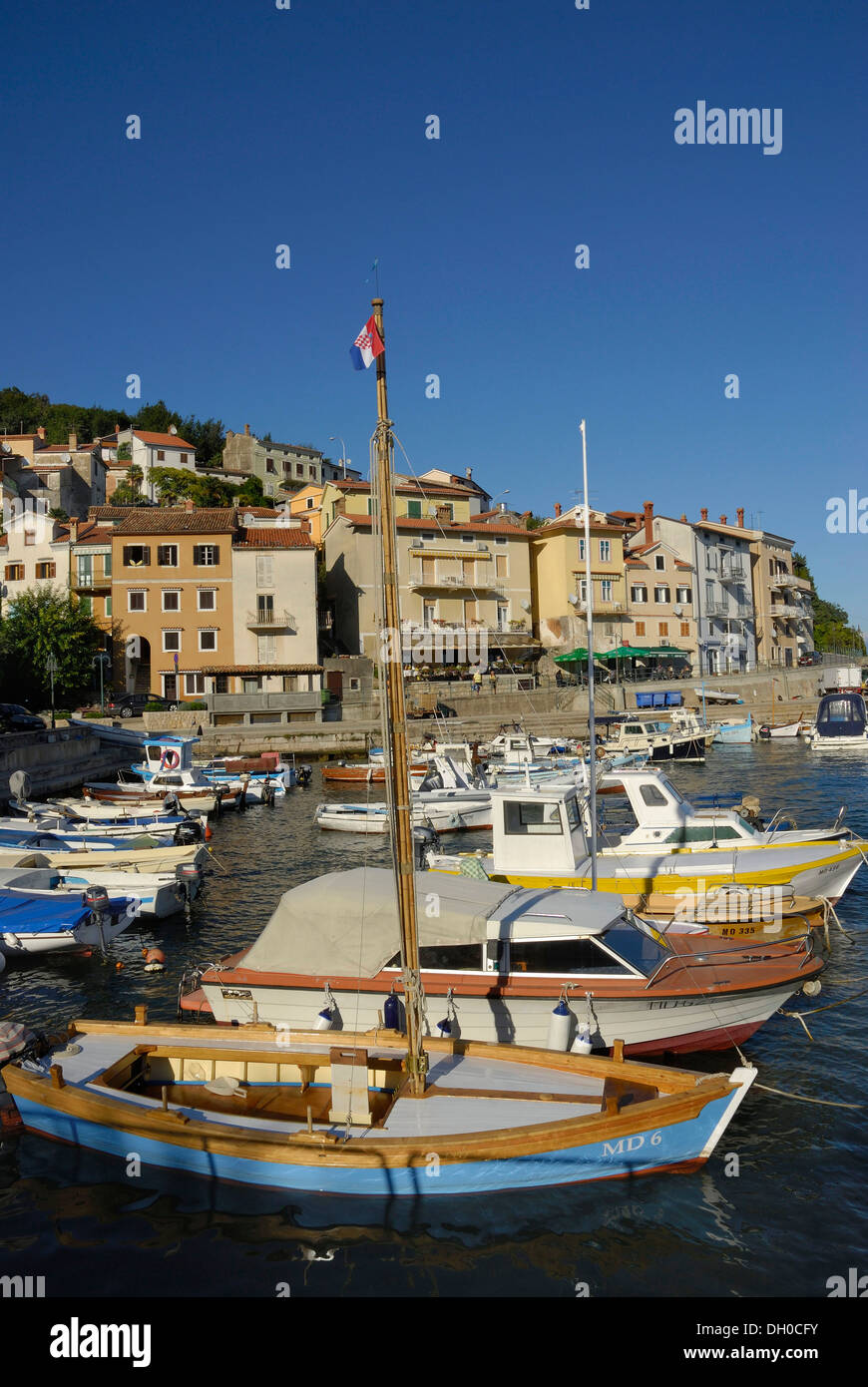 Harbour with fishing boats and an old sailboat, Moscenicka Draga, Kvarner Gulf, Adriatic Coast, Istria, Croatia, Europe Stock Photo