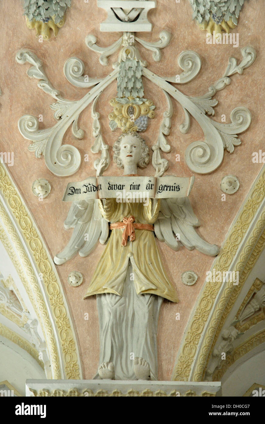 Religious depiction of an angel with a banner, Rococo fresco, Taufkirche Elbach baptistry, Leitzachtal, Bavaria Stock Photo