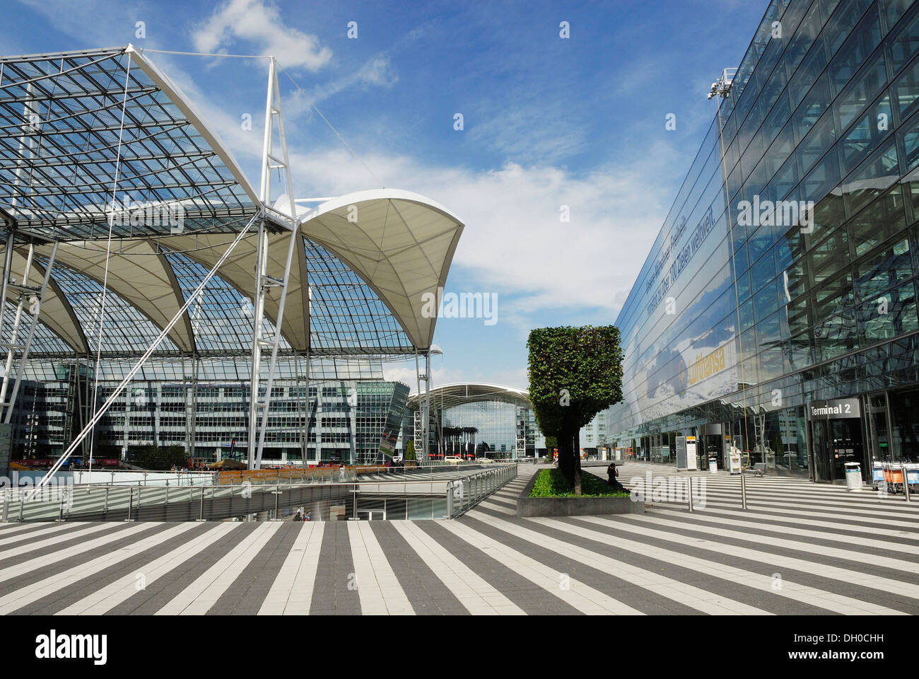 Modern office buildings, transparent roof, Terminal 2, Munich Airport, Bavaria Stock Photo