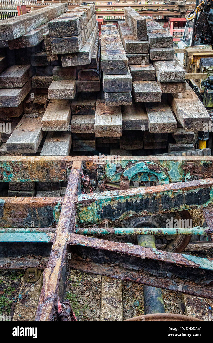 Rusting carriage chassis and railway sleepers. Whitwell & Reepham Steam Railway Museum, Norfolk, UK. Stock Photo