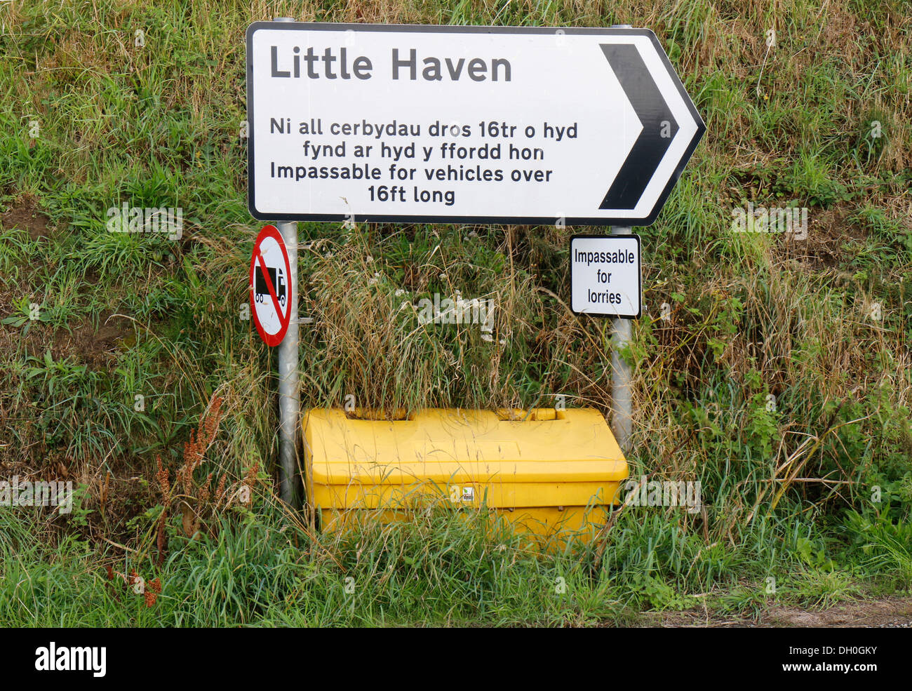 Road sign impassable for long vehicles Little Haven Pembrokeshire Wales UK 132468 Little Haven Stock Photo