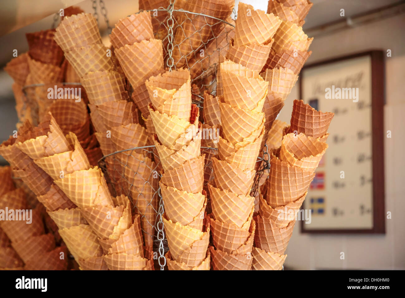 Stacked ice cream cones in a coffee at Nyhavn in Copenhagen, Denmark Stock Photo