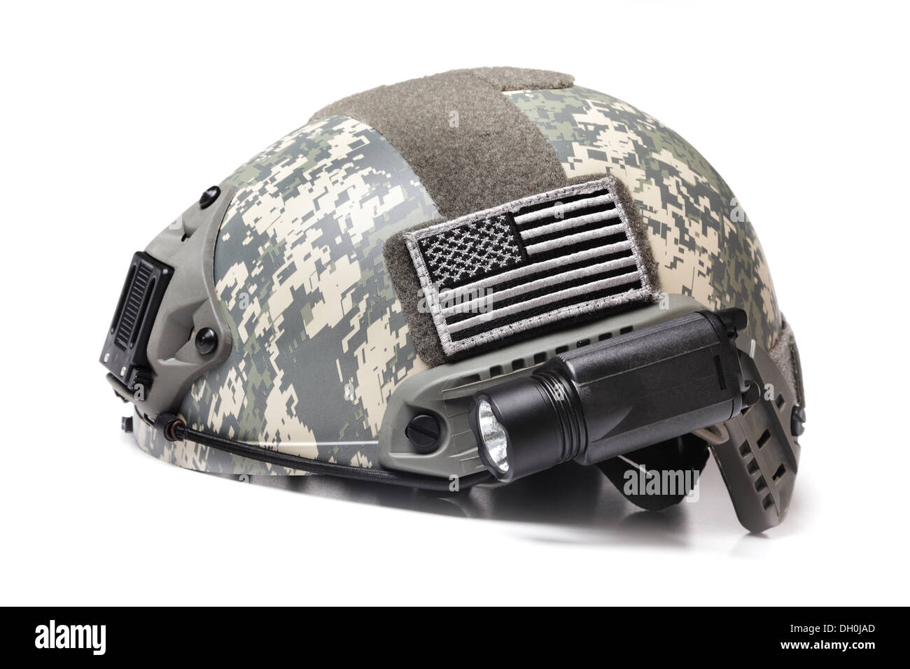 Modern Spec Ops Acupat Camo Helmet with USA Flag Patch Isolated on White Stock Photo