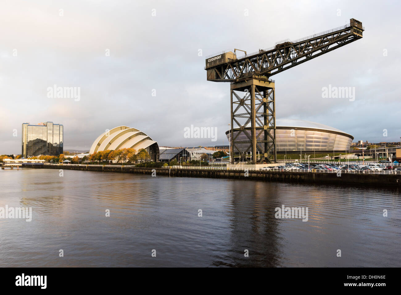 View over the River Clyde from the Clyde Arc of the Finnieston crane, SSE Hydro, Clyde Auditorium, and Crowne Plaza Hotel Stock Photo
