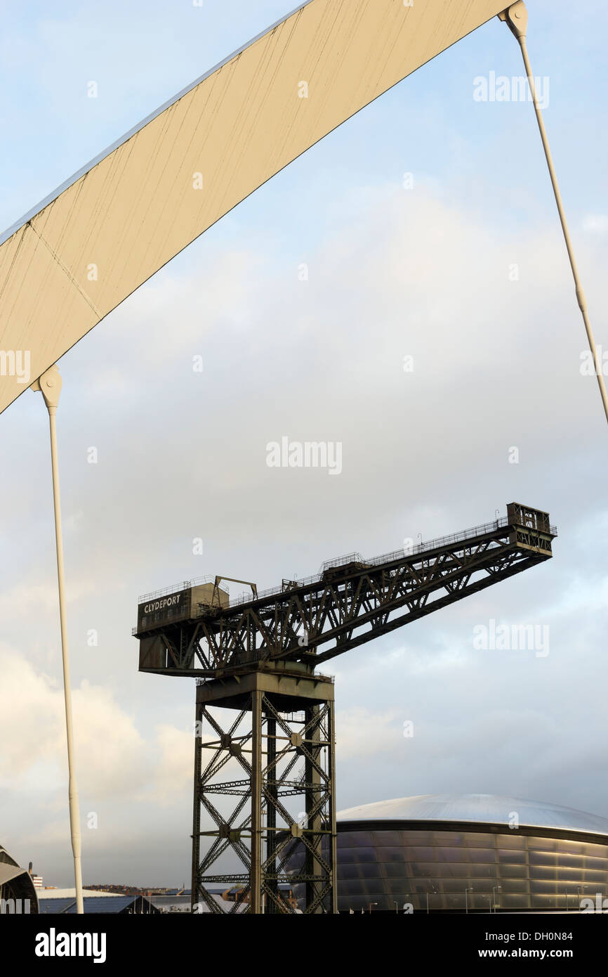 The Finnieston Crane and SSE Hydro from the Clyde Arc or Squinty Bridge which spans the River Clyde in Glasgow, Scotland. Stock Photo