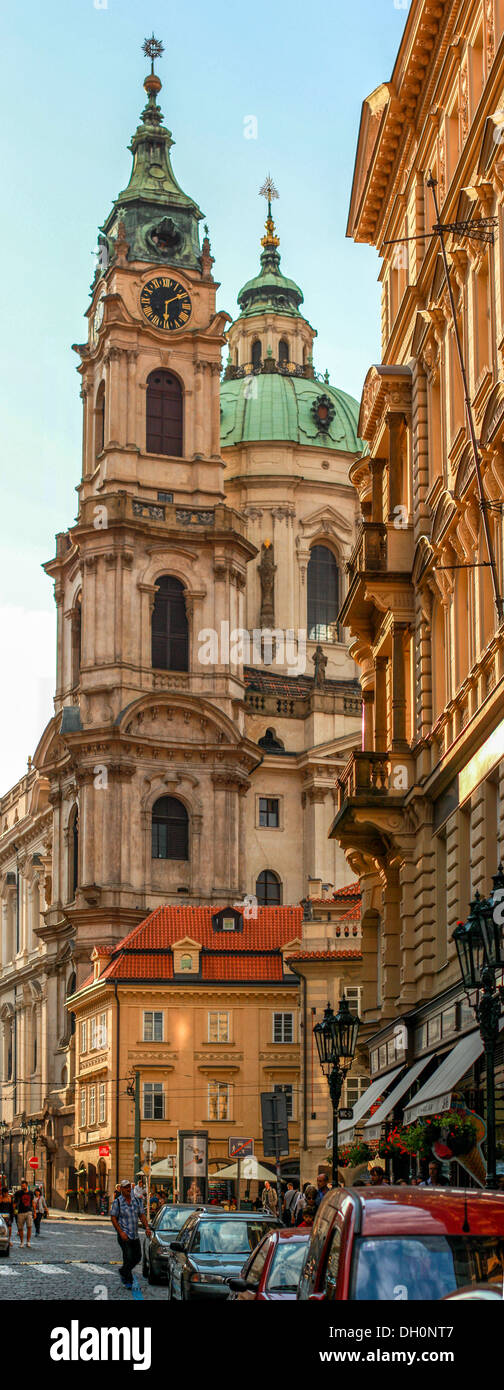 A vertical panorama over the Prague street and St. Nicolas church Stock Photo