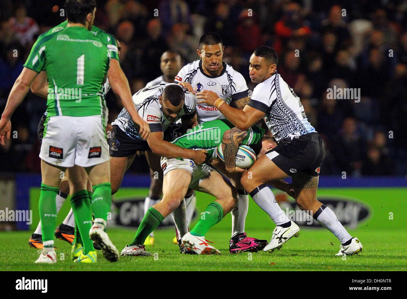 Rochale, UK. 28th Oct, 2013. James Storer (Fiji &amp; Collegians Illawarra) makes a tackle during the Rugby League World Cup Group A game between Fiji and Ireland from the Spotland Stadium. Credit:  Action Plus Sports/Alamy Live News Stock Photo