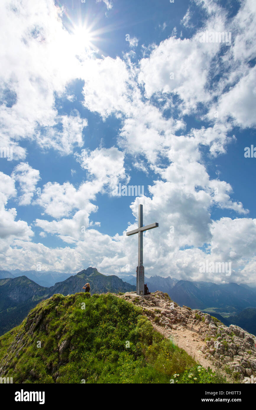 Summit cross on Brandschrofen Mountain near Tegelberg Mountain in Fuessen, Allgaeu, Bavaria Stock Photo