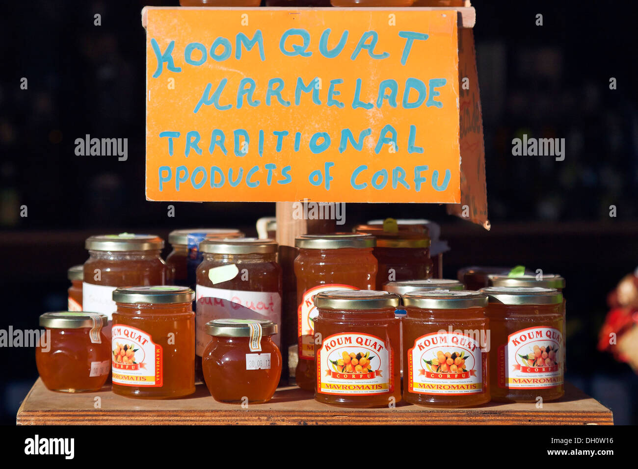 Kumquat marmalade, also known as Koum Quat, typical souvenirs, Corfu Island, Ionian Islands, Greece, Southern Europe, Europe Stock Photo