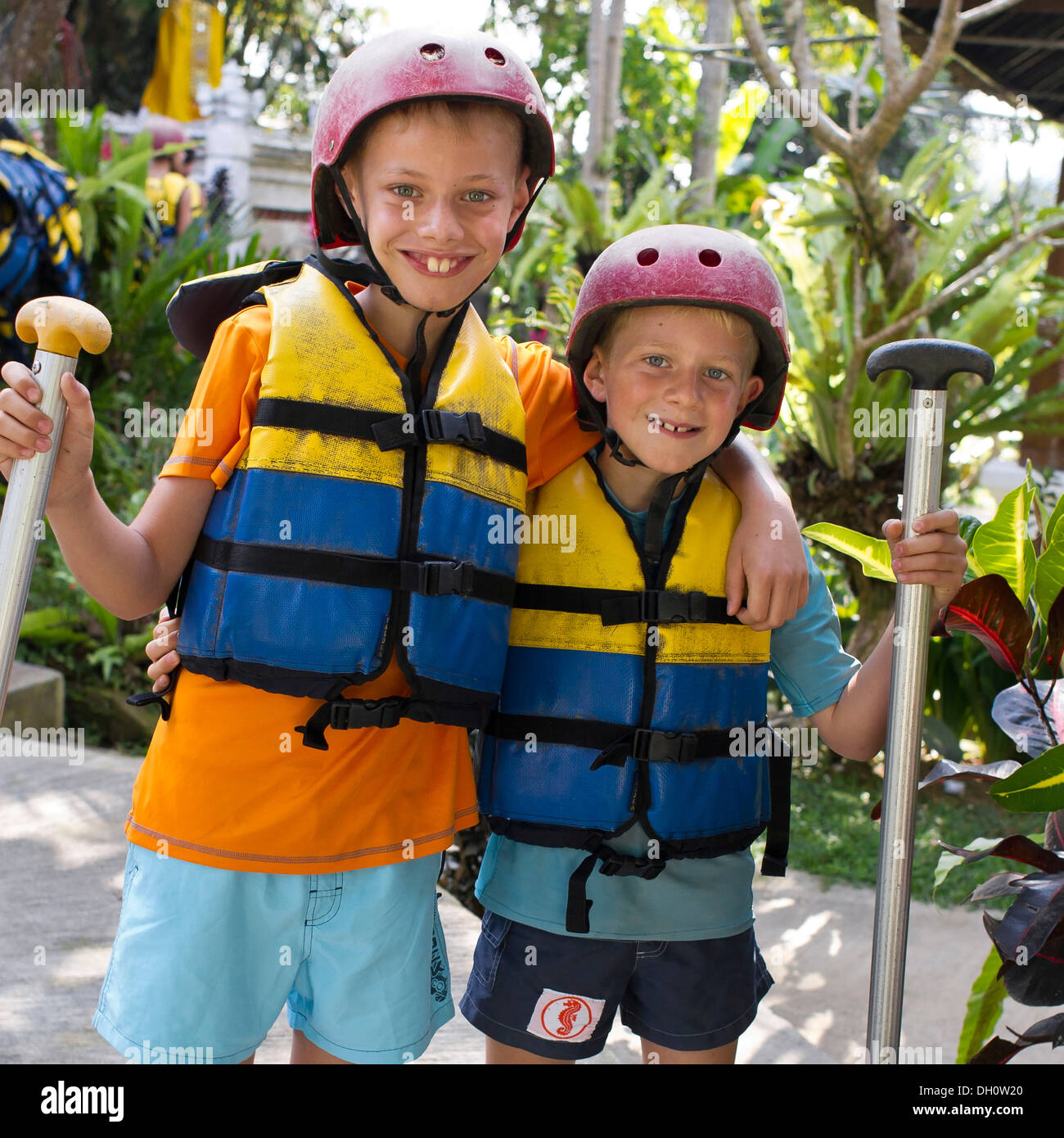 Two boys, ready for rafting, central Bali, Bali, Indonesia, Southeast Asia, Asia Stock Photo