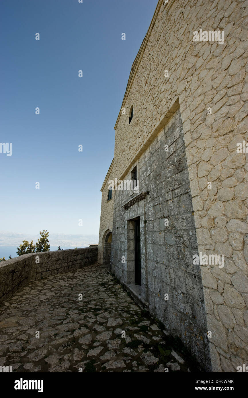 Old church and monastery on top of Mount Pantokrator, 906 meters a.s.l. on Corfu Island off the coast of Albania. Stock Photo