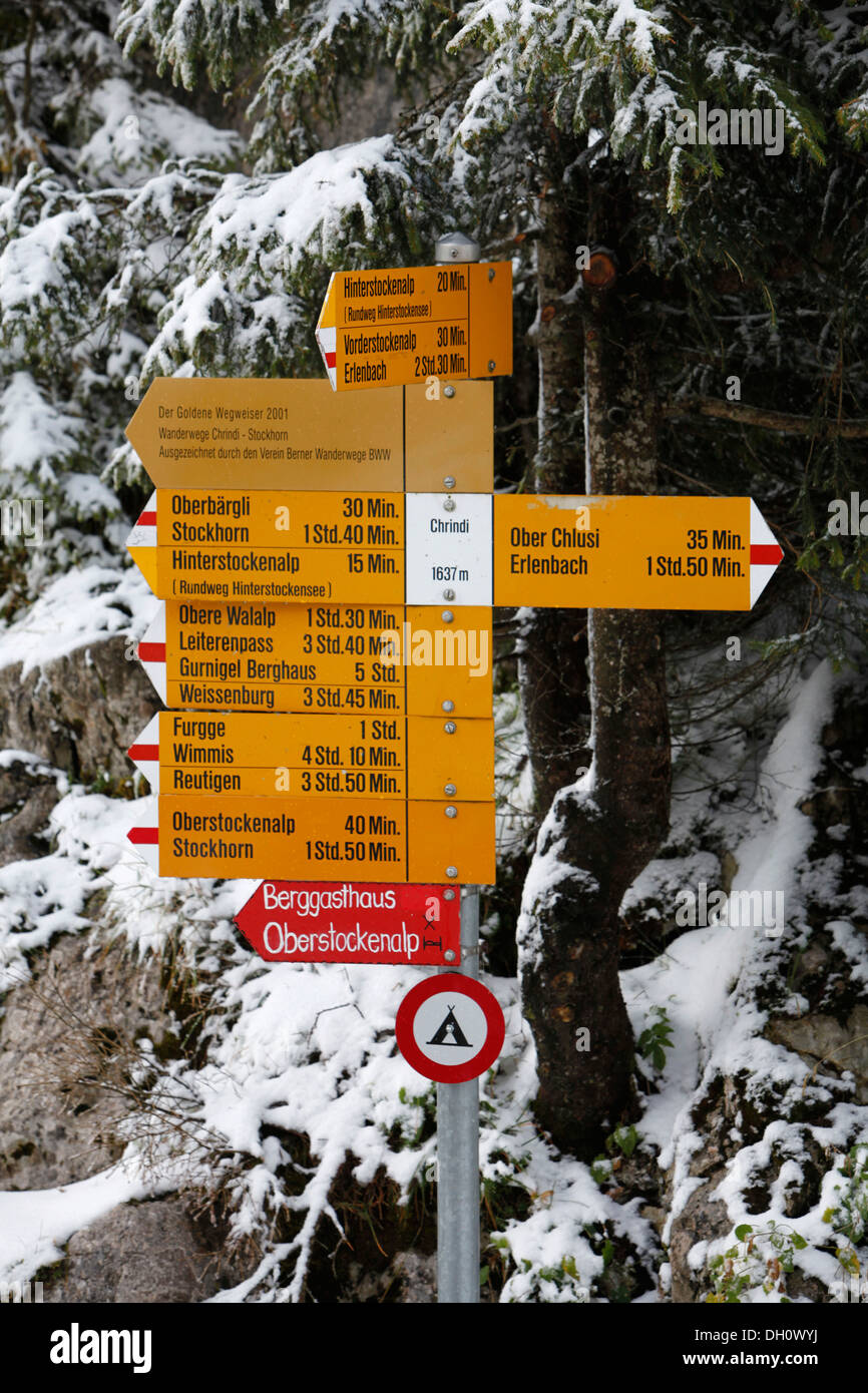 Golden hiking trail, hiking signposts at Mt Stockhorn in Winter, Bern, Switzerland, Europe Stock Photo