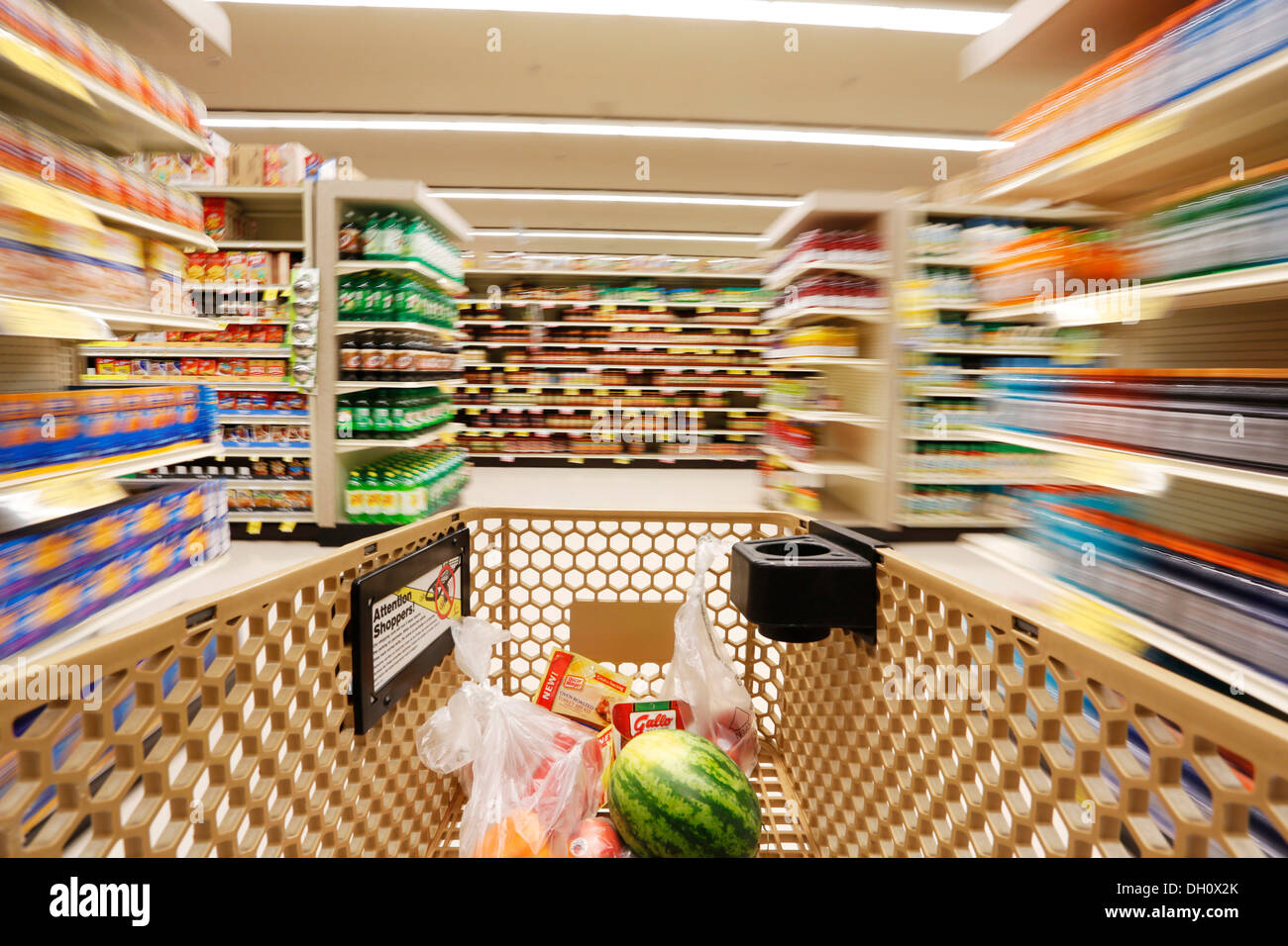 Shelves with goods, pasta department, tinned goods, shopping in the supermarket, USA Stock Photo
