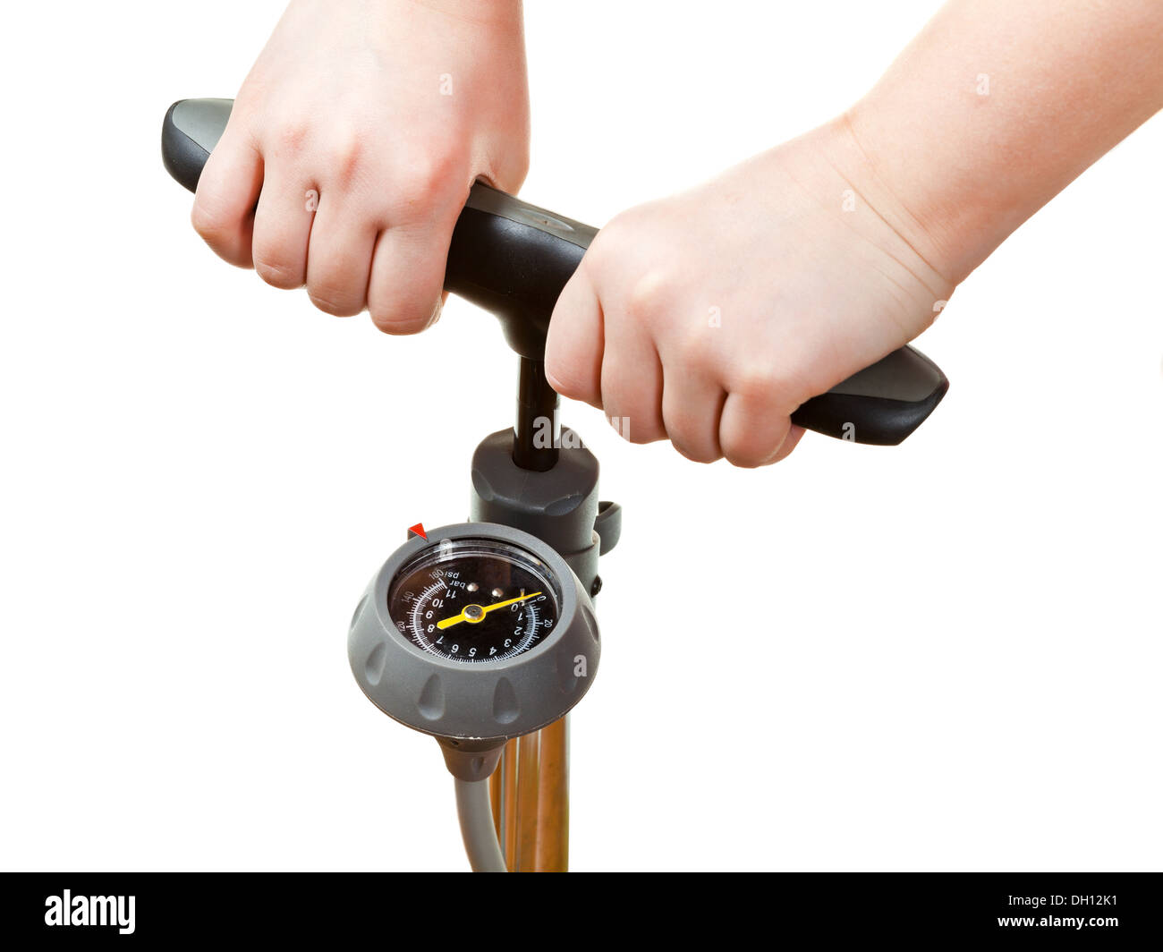 pumping by manual air pump with pressure indicator isolated on white