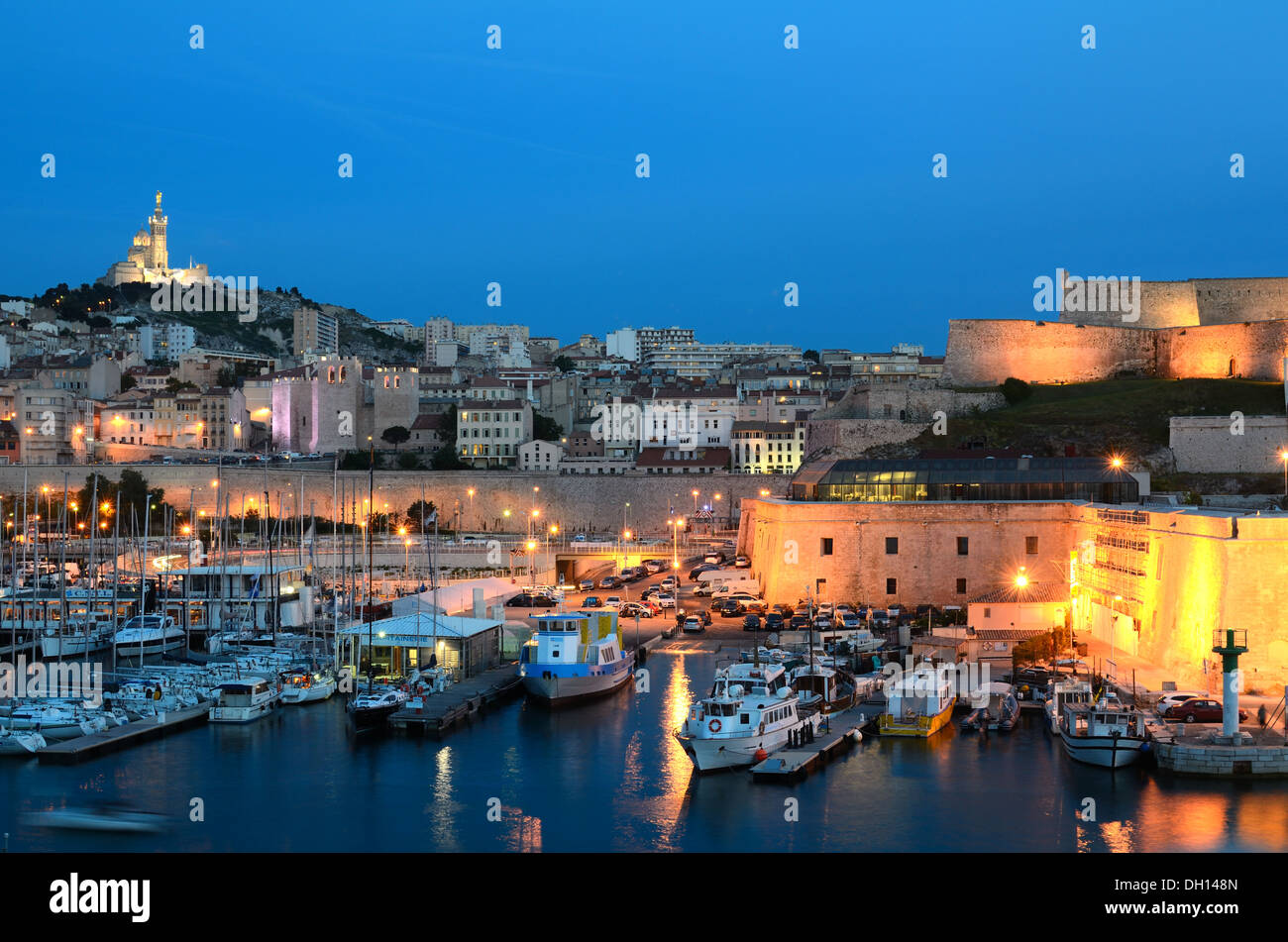 View over Marseille Skyline with Old Port Vieux Port or Harbor & Fort ...