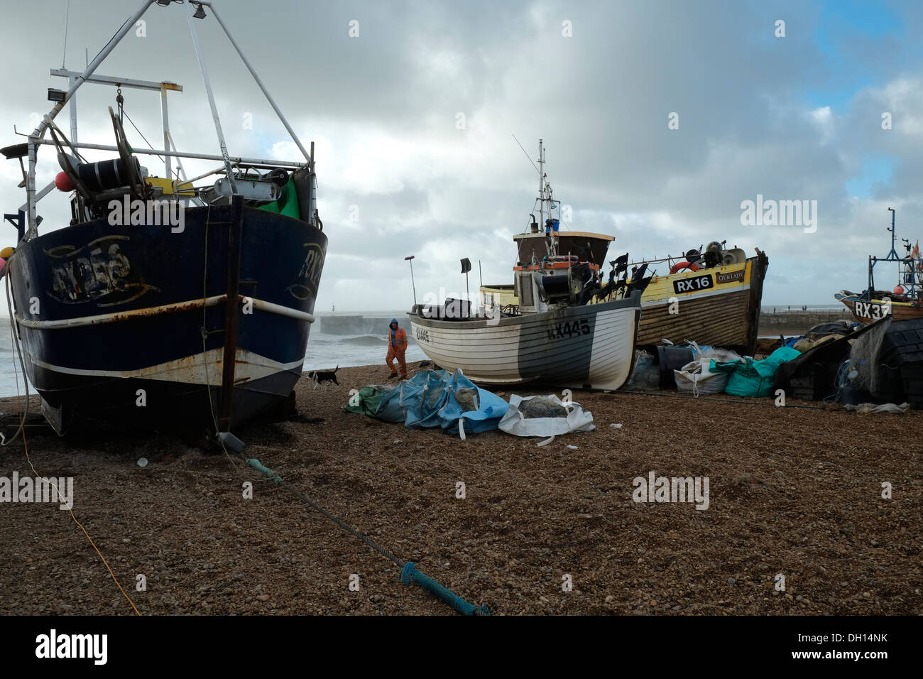 Hastings fishing boats pulled well up on the Stade beach in stormy