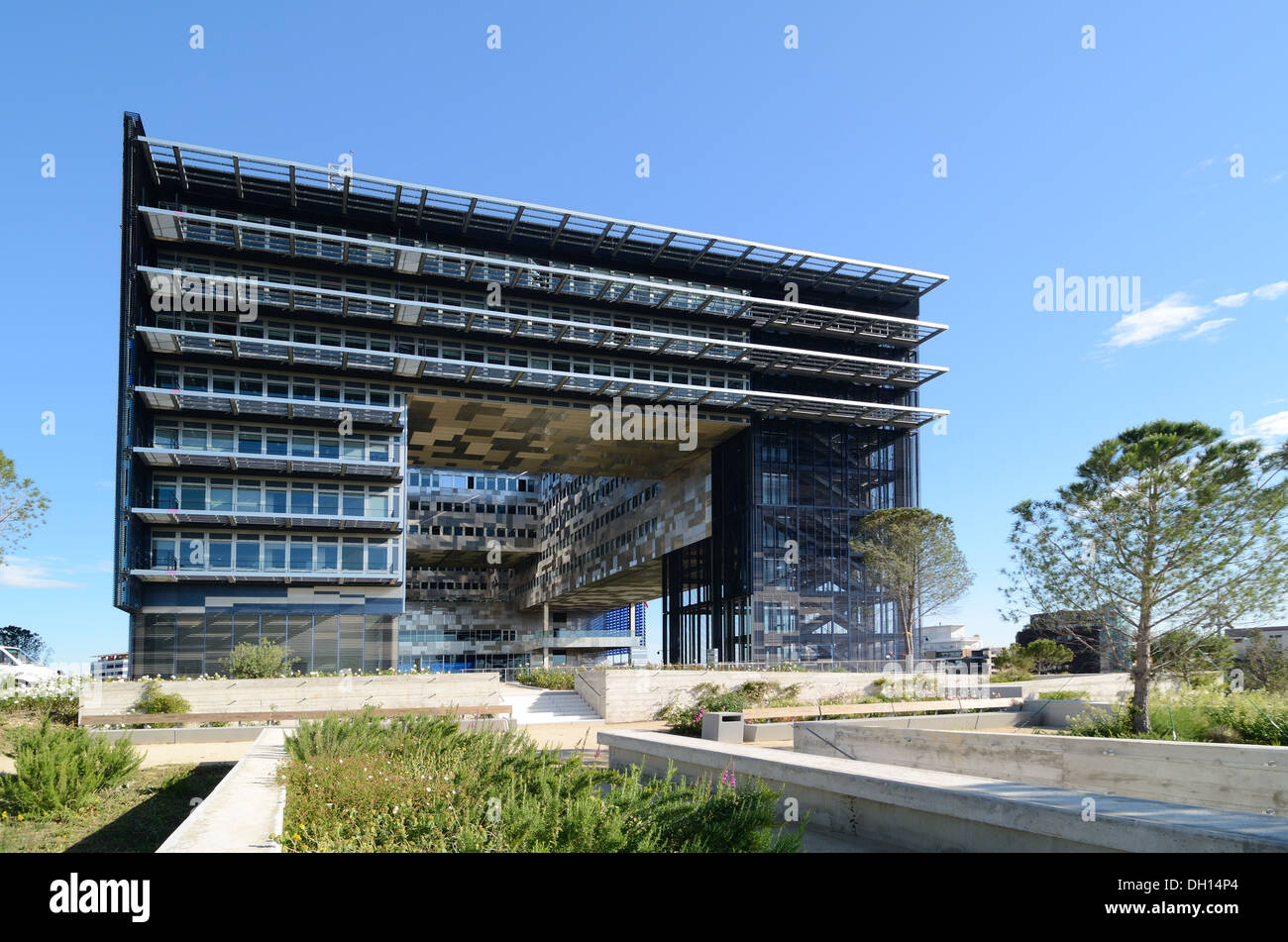 Southern Facade and Gardens of Montpellier Town Hall or City Hall with Exterior Window Blinds by Jean Nouvel Port Marianne Montpellier Hérault France Stock Photo