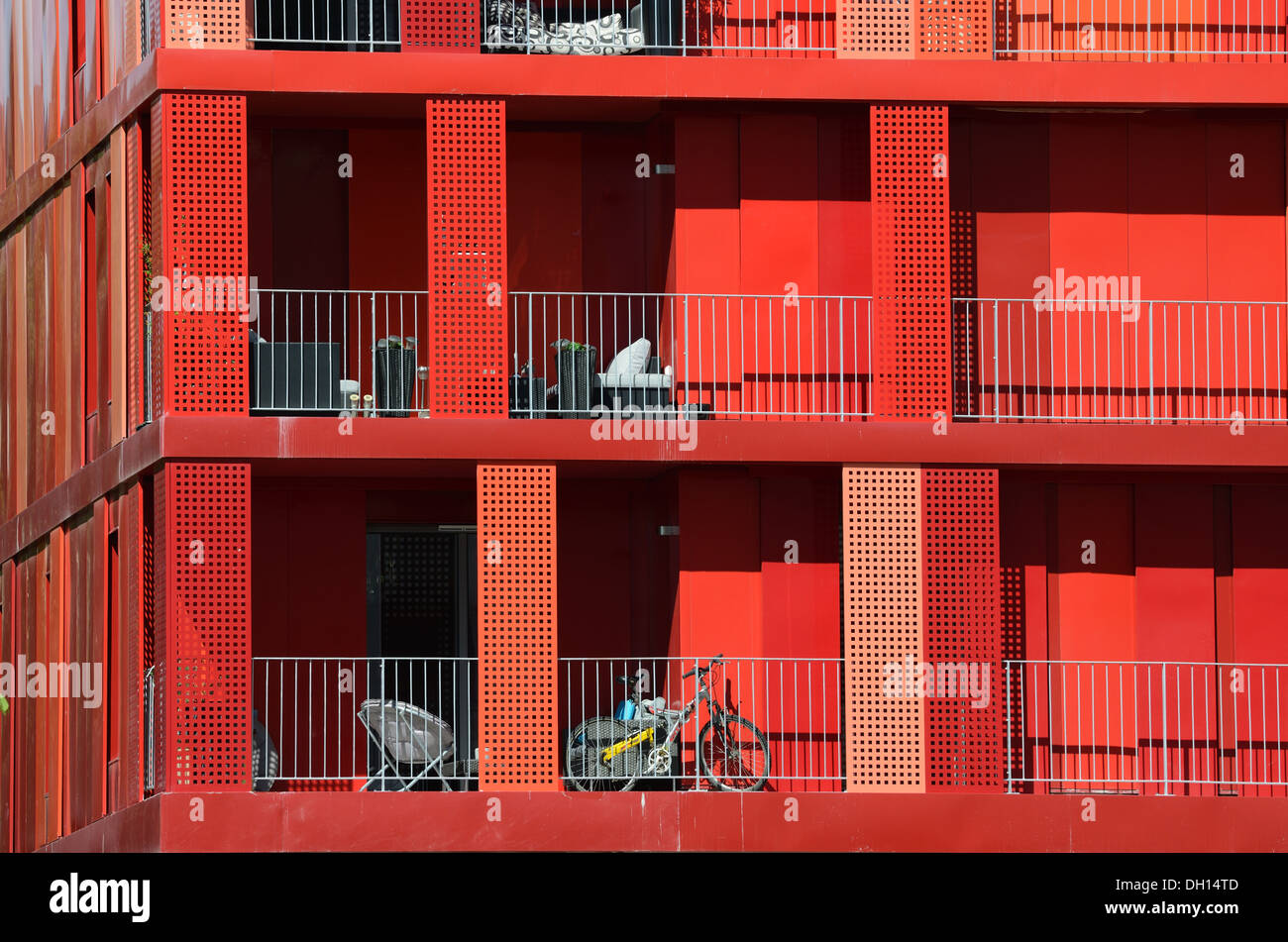 Red Balconies and Apartments in New District of Parc Marianne Montpellier France Stock Photo