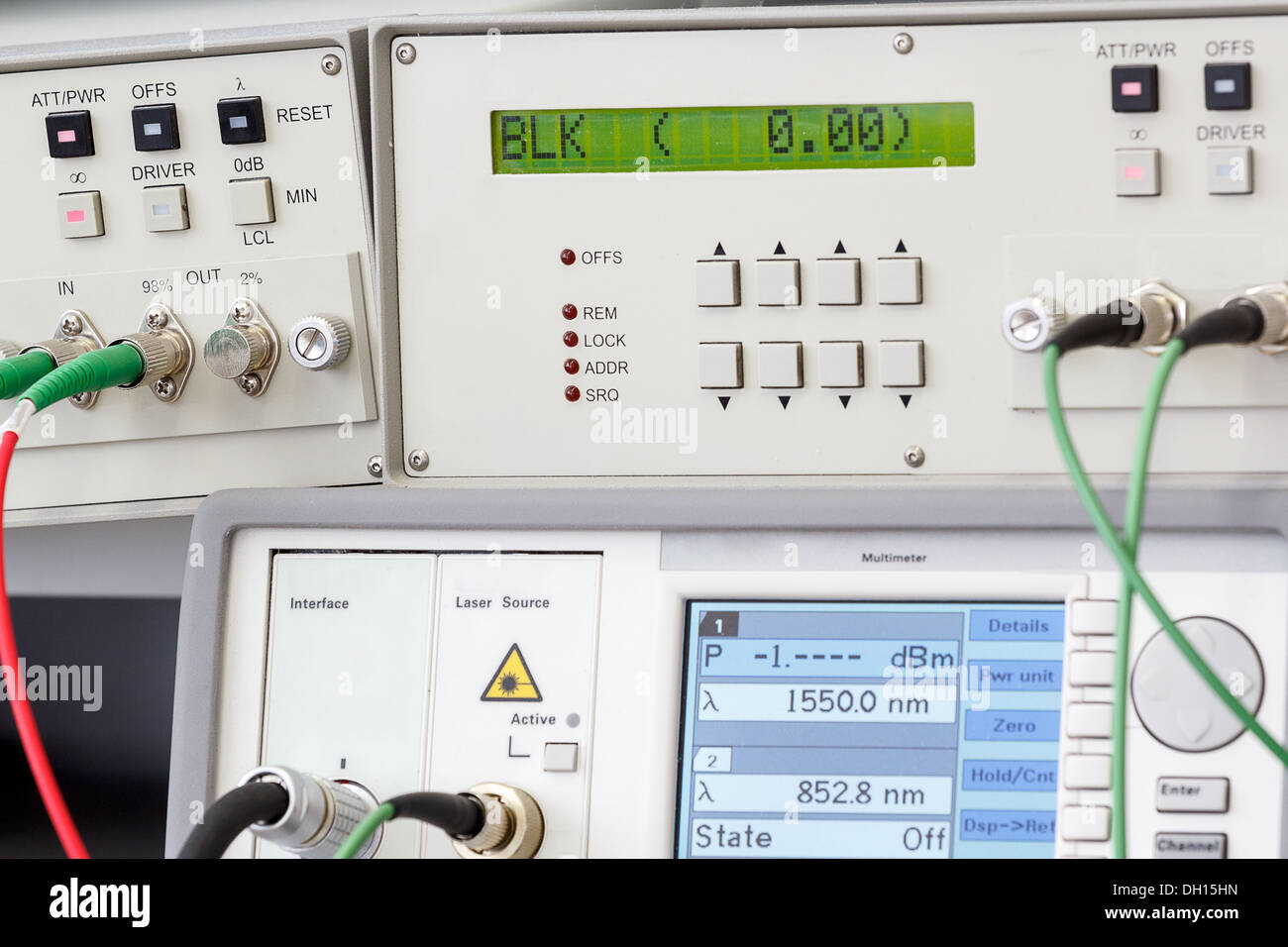 Modern fiber optic testing equipment analyzer on white background