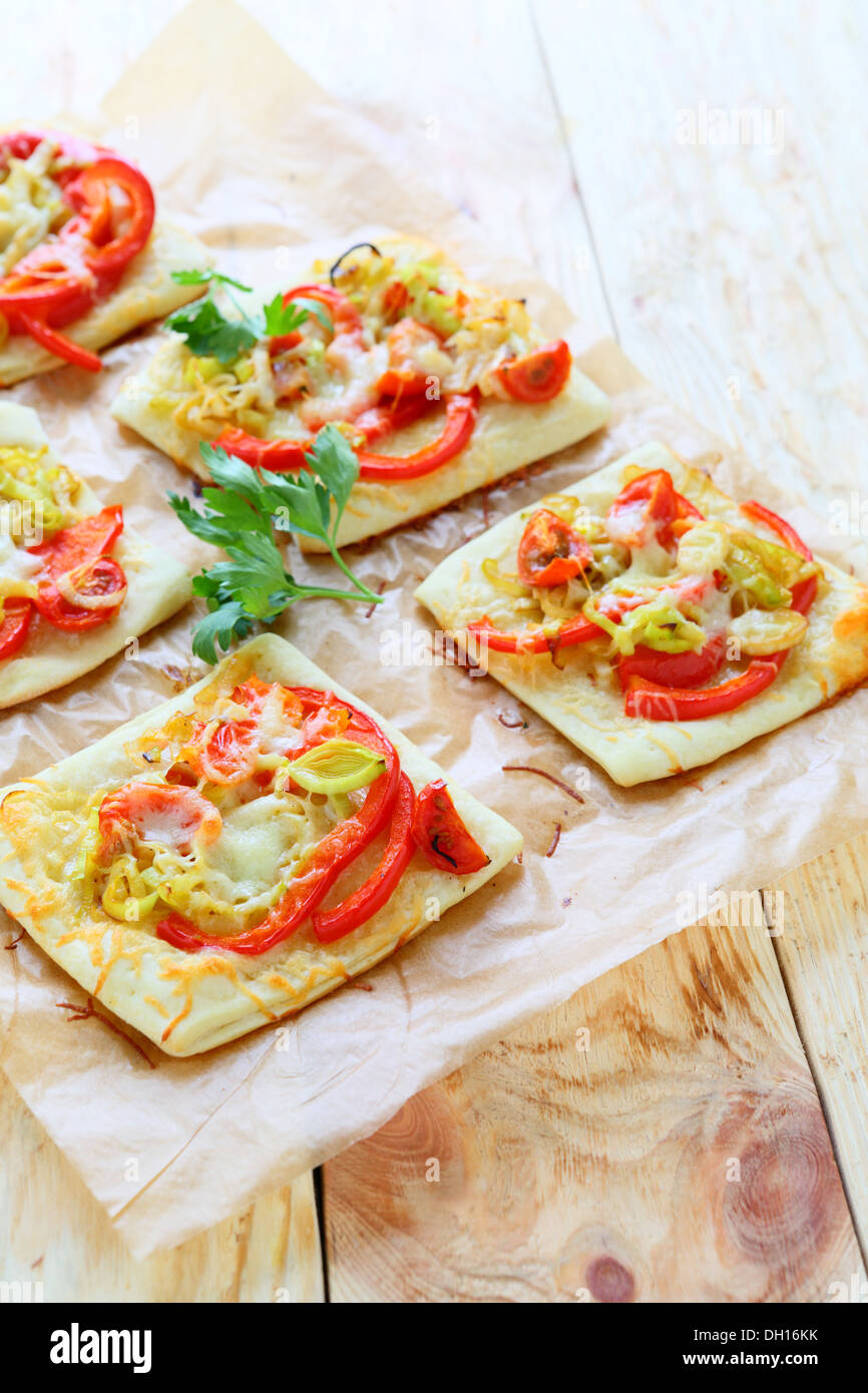 pizza with bell peppers and onions leek, food close up Stock Photo