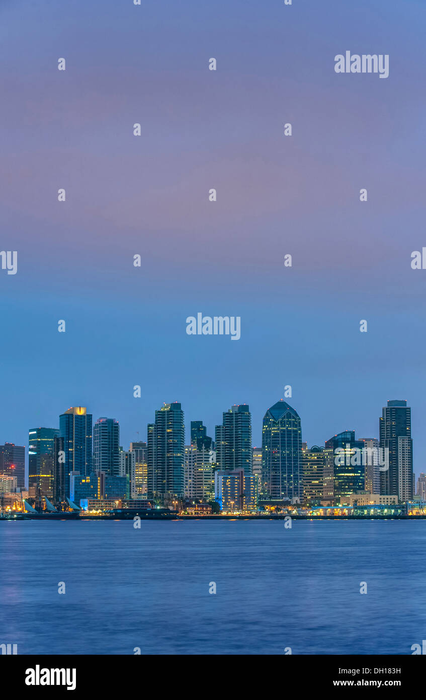 City skyline lit up at night, San Diego, California, United States Stock Photo